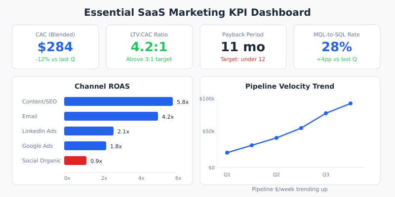 Essential SaaS marketing KPI dashboard showing CAC, LTV:CAC ratio, payback period, MQL-to-SQL rate, channel ROAS, and pipeline velocity