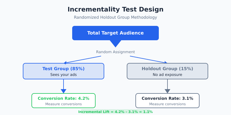 Diagram showing incrementality test design with randomized holdout group methodology