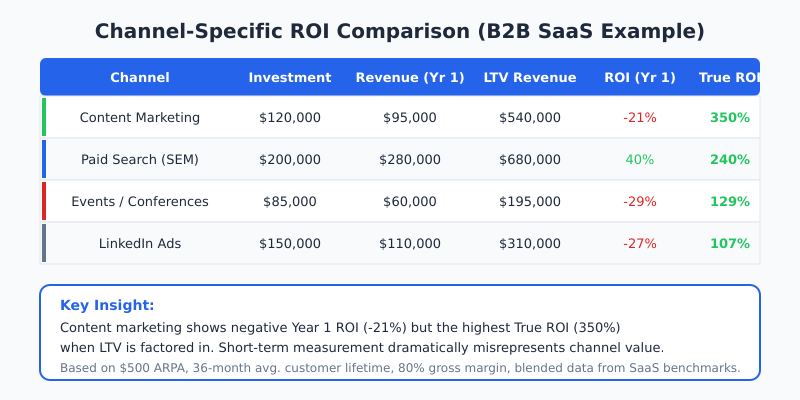 Channel-specific ROI comparison table showing content marketing, paid search, events, and LinkedIn ads with Year 1 ROI versus True LTV-based ROI